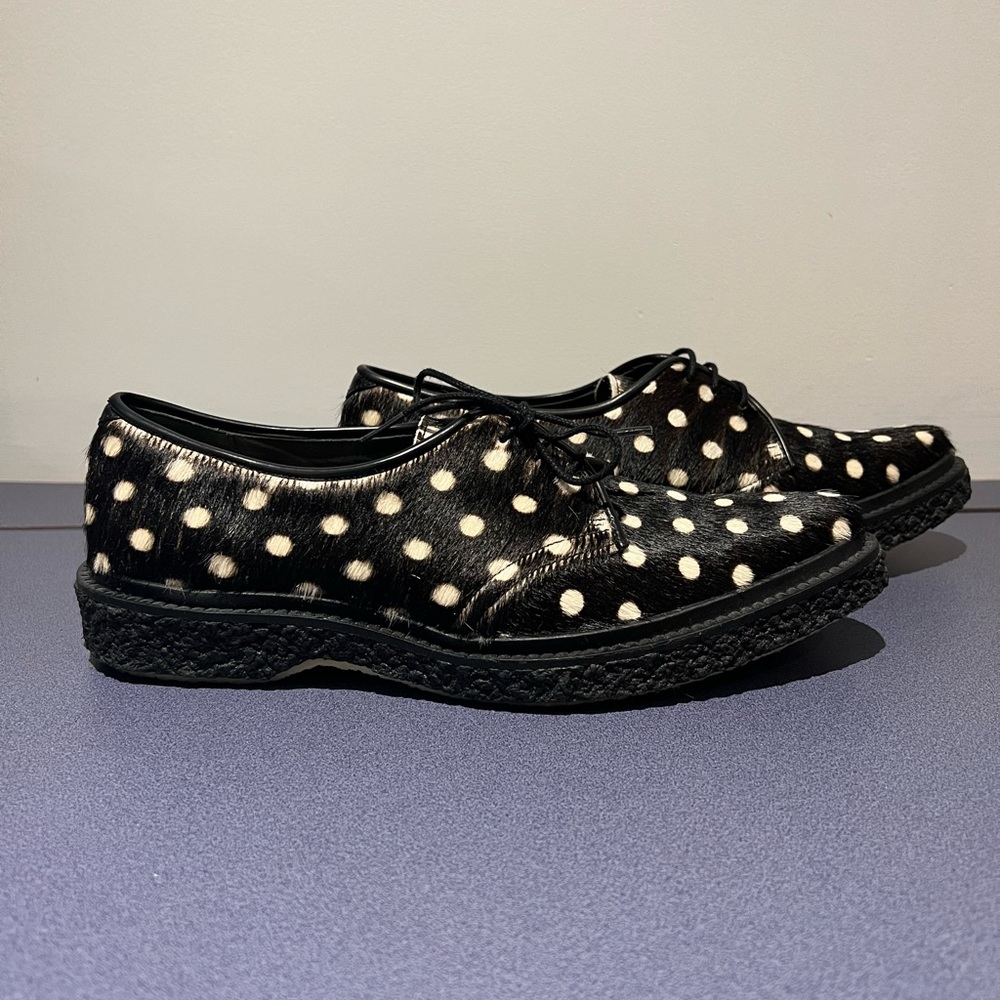 Adieu Paris Black and White Polka Dot Cowhide Lace Up Loafers